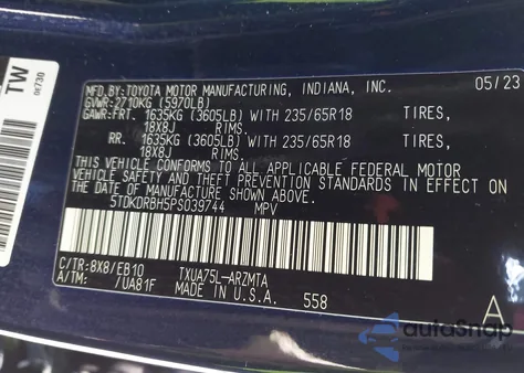 2023 Toyota Highlander L/Le/Xle/Limited/Platinum/Xse z USA, uszkodzony, nr VIN 5TDKDRBH5PS039744